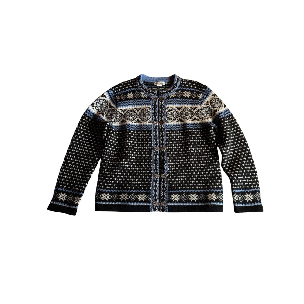 Susan Bristol Womens Nordic Fair Isle Wool Cardigan Clasp Sweater Blue‎ Black M